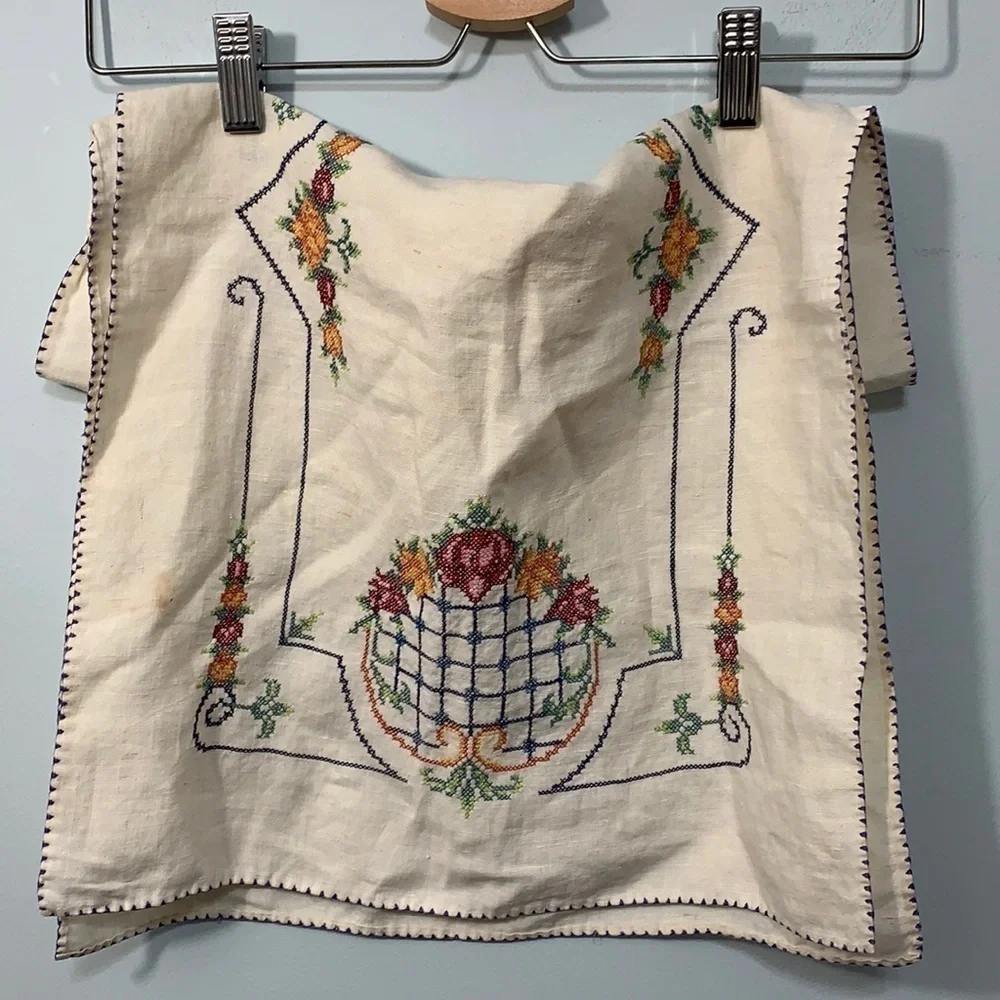 Vintage Cross-stitch Floral Pineapple Hearts Linen Tea Towel Runner 39.5” x 16”